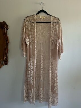 Rebellion Beige Sheer Embroidered Duster Cover Up Kimono